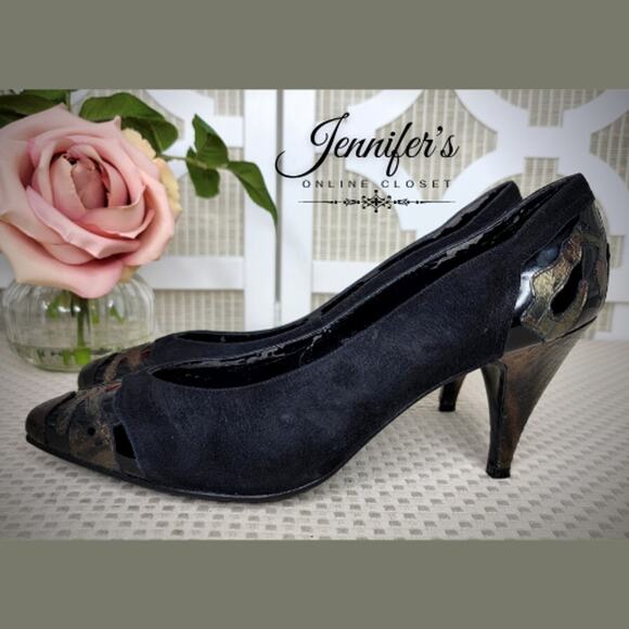 Jasmin Vintage Women's Black Suede and Snakeskin Heels Size 6B - Picture 5 of 13